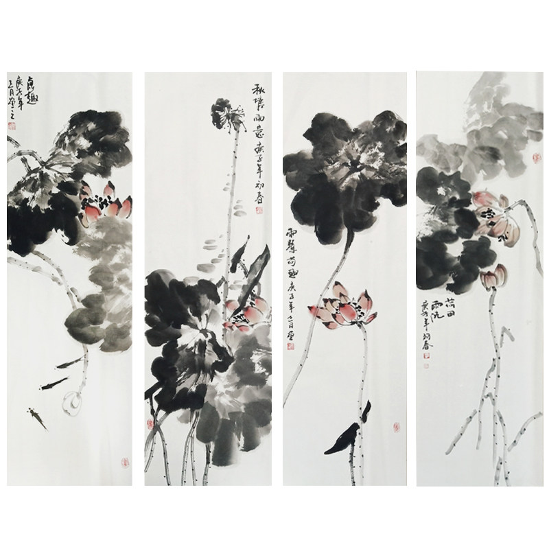 Four screen Lotus ink painting drawing room decoration painting pure hand painting painting painting painting