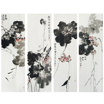 Chinese painting freehand flowers and birds four screens lotus flower ink painting living room decoration painting pure hand-painted calligraphy and painting hanging painting works