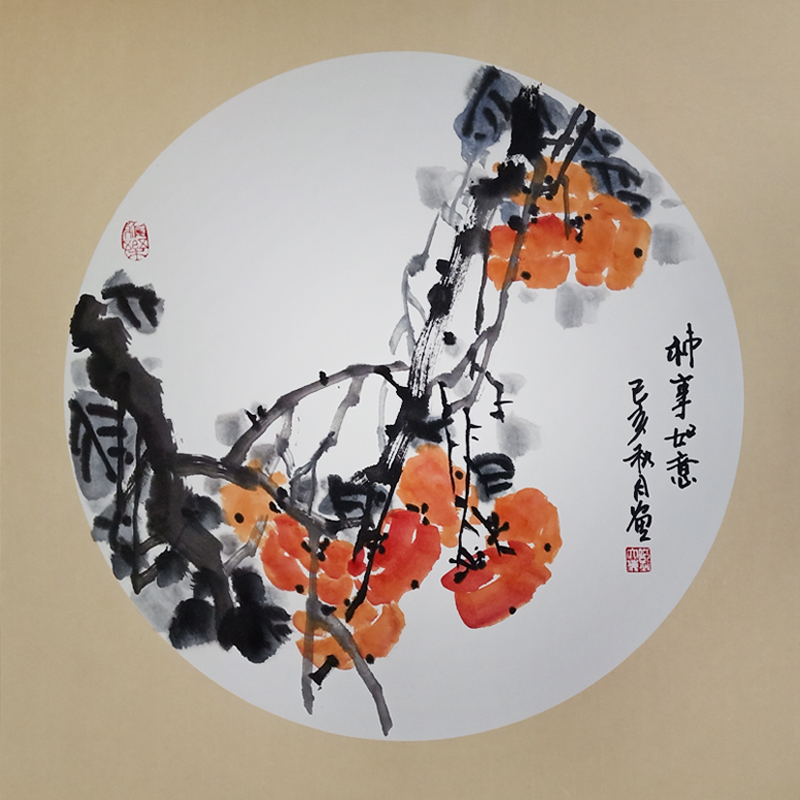 Pure hand-painted freehand painting Flower and bird painting Everything Ruyi entrance hanging painting New Chinese Doufang decorative painting Persimmon Chinese painting
