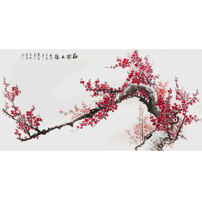 Red plum newspaper spring plum blossom calligraphy and painting Chinese painting Pure hand-painted freehand freehand flowers and birds painting style Water painting Hanging painting Living room decoration hanging painting