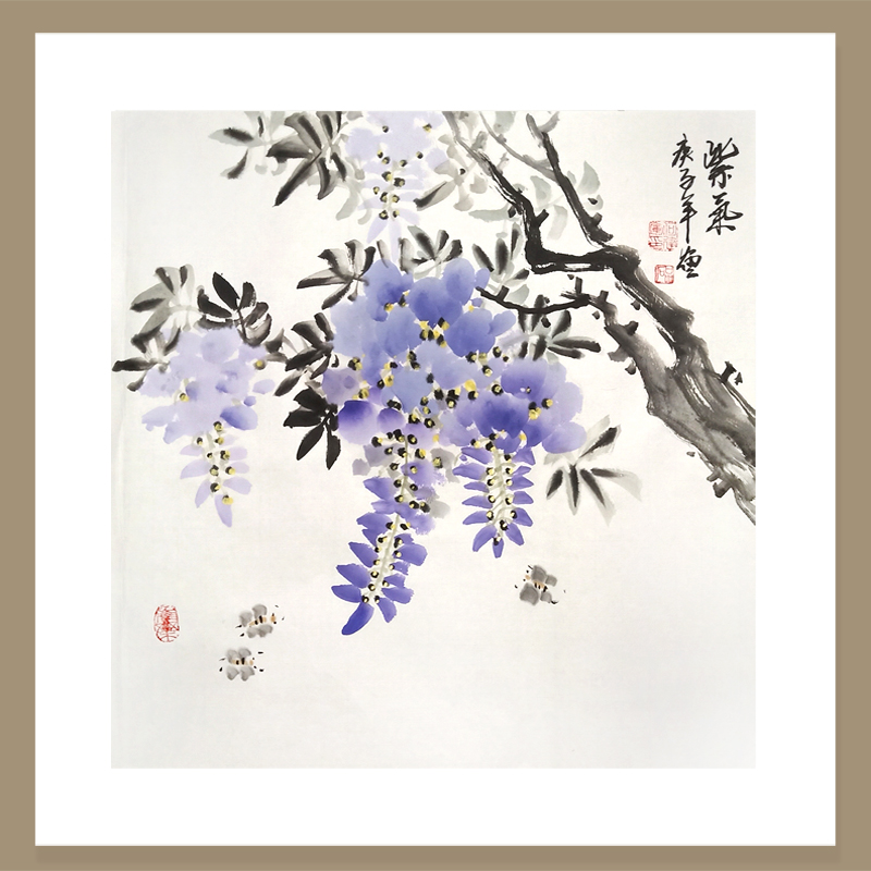 Purple gas east to three feet bucket square pure hand-painted wisteria flowers and birds Chinese painting Feng Shui lucky calligraphy and painting living room porch decorative painting