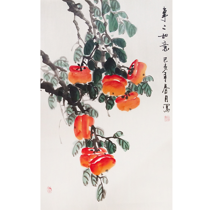 Pure hand-painted Chinese painting Everything Ruyi Persimmon bird drawing Living room bedroom flowers and birds hanging painting Office dining room decorative painting