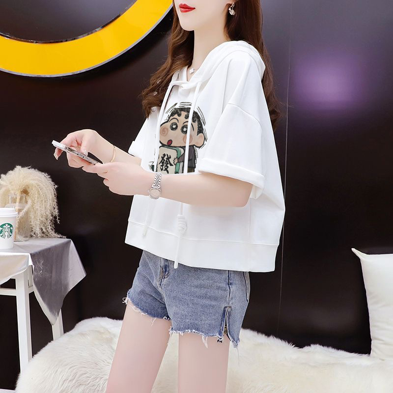 Cartoon Hooded Short Cotton Short-Sleeved T-Shirt for Women, New Summer Korean Style, Loose and Versatile, Suitable for Petite Students