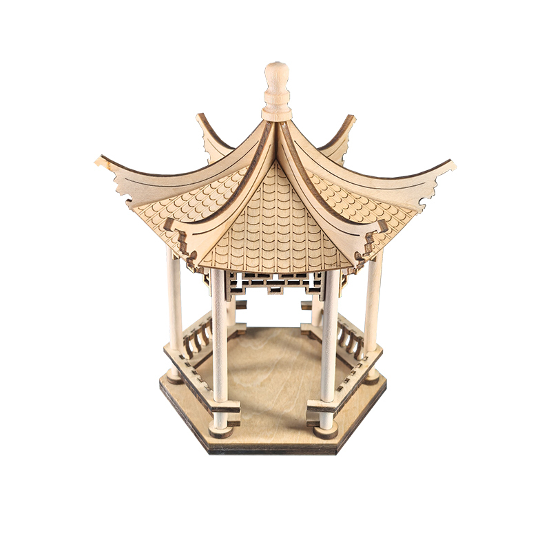 Handmade Pavilion DIY Micro Landscape Ancient Architecture Bamboo Wooden Hexagonal Pavilion Assembly Model Ornament Decoration Material Kit