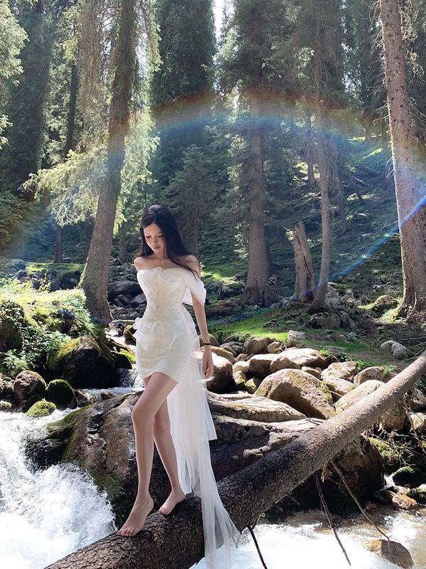 Birthday Party Dress, High-End Light Luxury Niche Party Banquet Adult Dress, White Strapless Dress for Women
