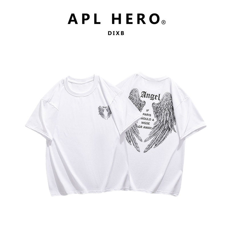 Apl Hero Trendy Brand Style Angel Wings Printed Short-Sleeved T-Shirt for Men and Women, Loose High Street Style