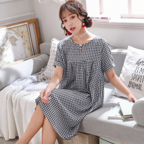 Summer new womens nightgown with round neck plaid short sleeve mid-skirt foam woven cotton cotton silk one-piece skirt