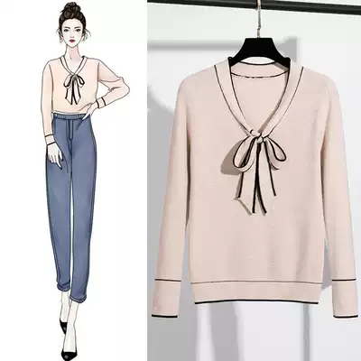 V-neck sweater Autumn new women's inner long-sleeved bow sweater bottoming shirt early autumn women's top light cooked