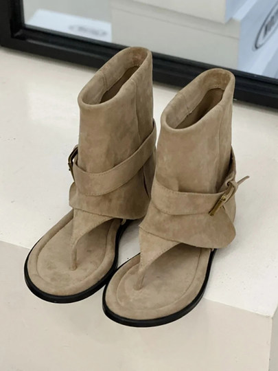 Сандалии-шлепанцы из овчины с увеличением роста, в стиле ретро, с круглым носком, новая модная коллекция 2025 года, для женщин, для летнего ношения на улице