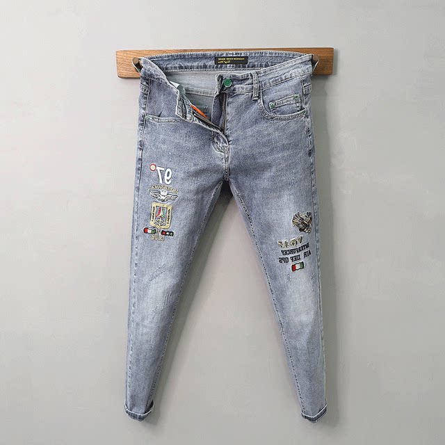 Tide Brand.com ສີອ່ອນໆ Slim Fit Small Foot Jeans Men's Korean Style Trendy Spiritual Guy Simple Stretch Versatile Nine-Point Pants