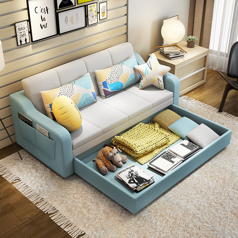 Folding sofa bed Push-and-pull Living Room Small Household Type Dual-use 1 2 Double book room Solid wood 1 8 m minimalist cloth Art Latex