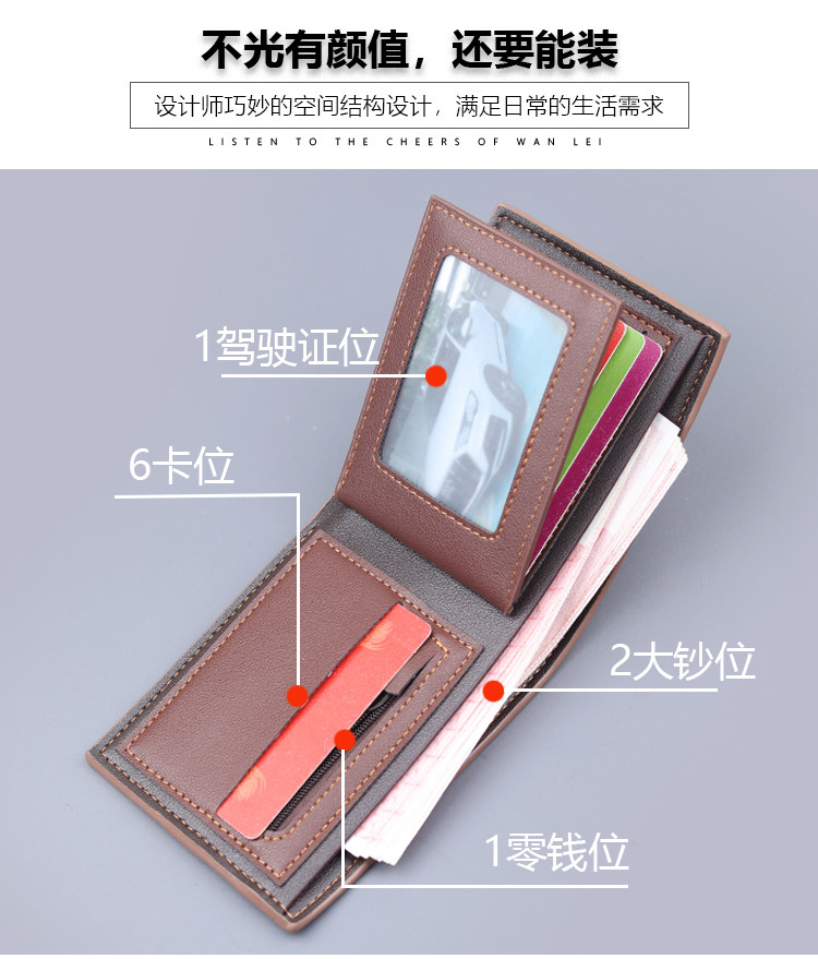 男士短款钱包男款卡包一体可放驾驶证男钱夹带拉链皮夹男式三折包详情4