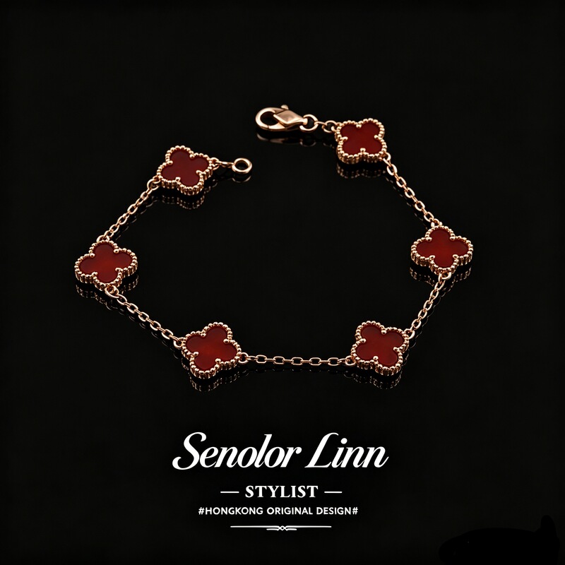 Red Agate Six-Flower Mini Four-Leaf Clover Bracelet for Women Senlor Linn Light Luxury Mini Jewelry Gift Red Agate Six-Flower Mini Four-Leaf Clover Bracelet for Women Senlor Linn Light Luxury Mini Jewelry Gift