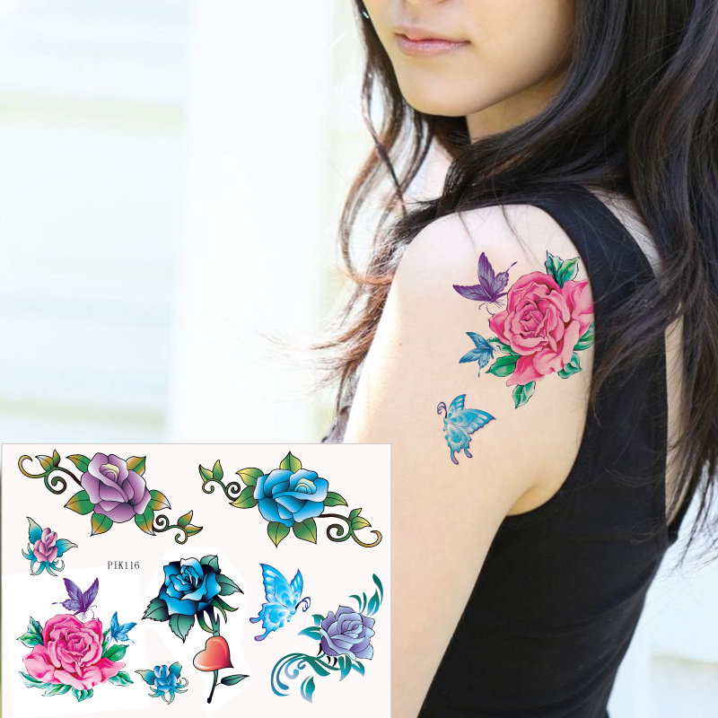 Small fresh color painted human color makeup adorable fashion neck arm butterfly rose flower tattoo patch waterproof P116