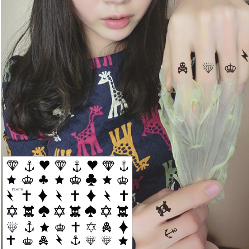 Student full black 48 drawing diamond crown tiger mouth cross lightning finger tattoo sticker waterproof P076
