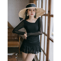 2021 new swimsuit womens conservative one-piece skirt style flat corner slim cover belly gathering long sleeve soak hot spring swimsuit
