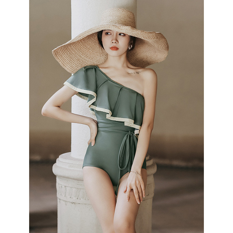 Lolika Swimsuit Woman 2021 Summer New Single Shoulder Fashion Conservative Student Cover Belly Soak Spa Swimsuit