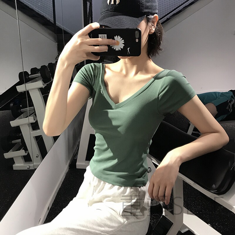 Strap with chest cushion sport T-shirt woman tight elastic speed dry V collar Sexy fitness blouse for running beauty back yoga half sleeve