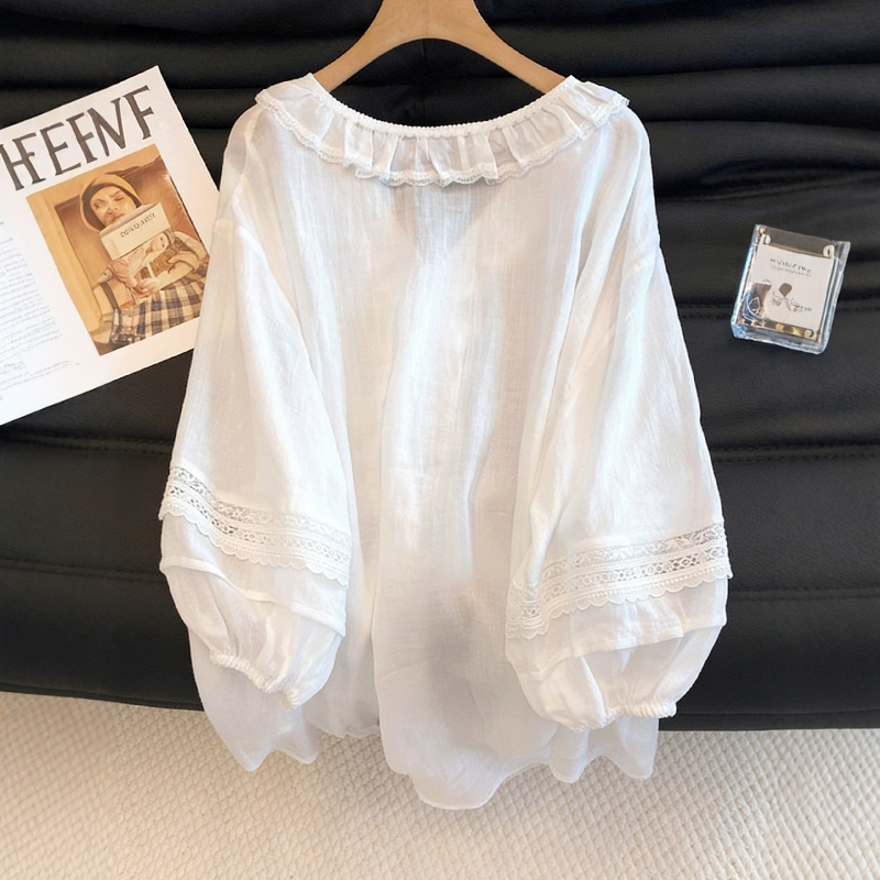 Unique and Beautiful Women's Shirt, 2026 New Model, V-Neck, Puff Sleeves, Hollow Lace Trim, White Blouse Unique and Beautiful Women's Shirt, 2026 New Model, V-Neck, Puff Sleeves, Hollow Lace Trim, White Blouse