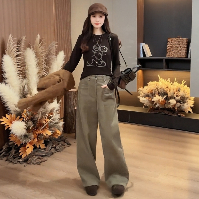 Autumn and Winter Retro Cartoon Print Graffiti Slim-Fit Long-Sleeve T-Shirt High-Waisted Drapey Wide-Leg Casual Pants Set for Women