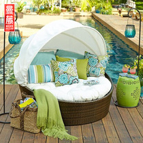 Outdoor Vine Lying Bed Balcony Patio Casual Round Bed Outdoor Terrace Deck Chair Garden Pool Sofa Bed Rattan Furniture