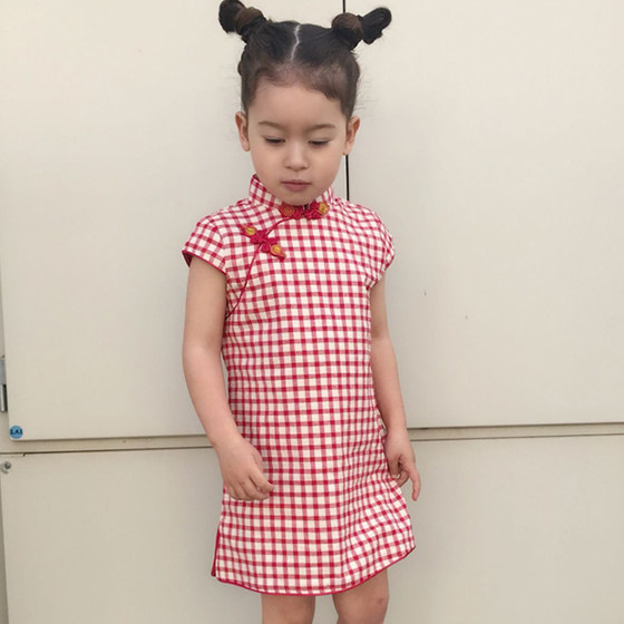 Summer children's cheongsam, Tang suit, girl's plaid cheongsam, children's cheongsam dress, cheongsam parent-child wear, mother-daughter wear