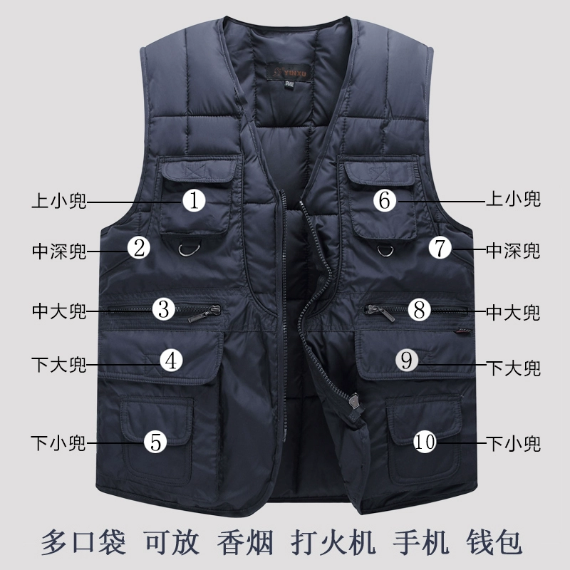 Trung niên nhiều túi xuống áo vest nam kích thước lớn mùa thu và mùa đông vest cha dày vest ấm áp vai vest áo khoác không tay