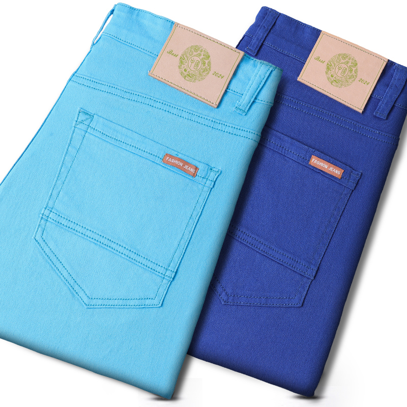 European and American High-End Light Luxury Freshwater Blue Jeans for Men, Thin, Stretchy, Slim-Fit, Straight-Leg, Green Casual Lake Blue Pants