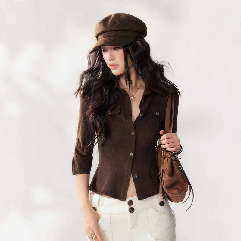 4Muggle【Sun Yi's Style】Brown Suede Shirt with a Casual Feel, Half-Sleeve Shirt with Shoulder Pads, Trendy Top for Women