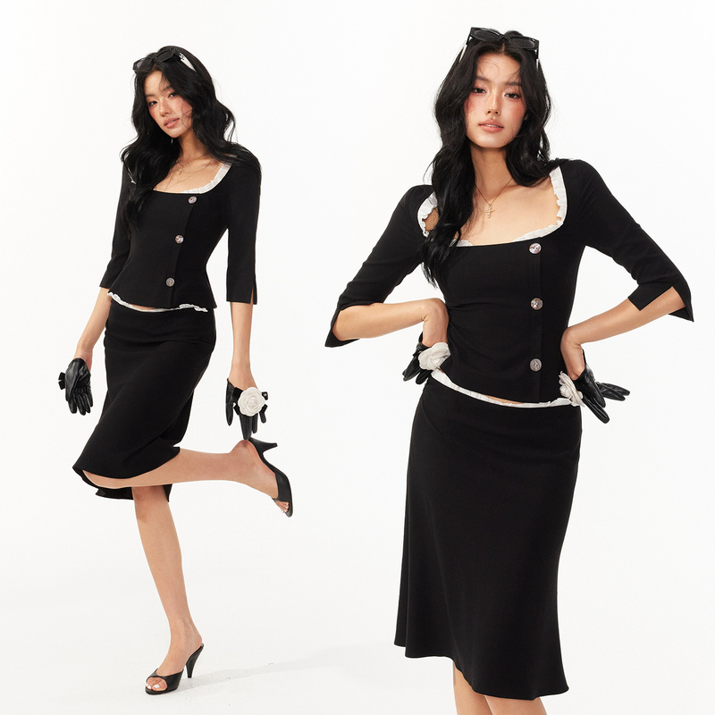 4Muggle Short Slim Fit Ruffled Square Neck Top High-Waisted Skirt Set for Women, Autumn Elegant Two-Piece Set