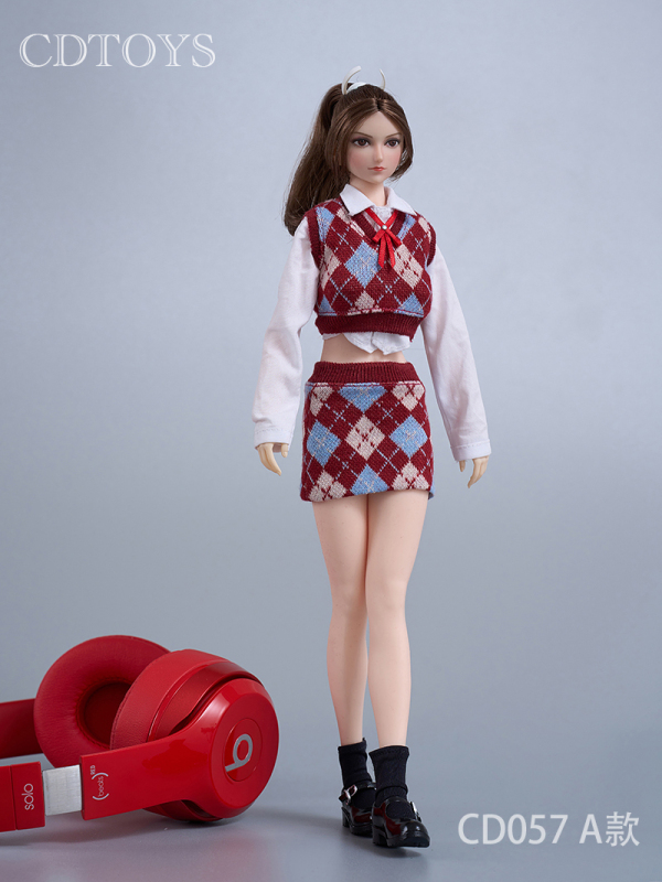 In-Stock Cdtoys Cd057 1/6 Female Soldier Clothing Diamond-Patterned Knit Vest and Bodycon Short Skirt Set