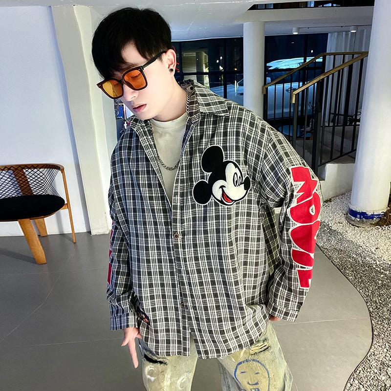 American Retro Mickey Embroidered Plaid Shirt for Men and Women, Long-Sleeved, High-End, Casual, Loose-Fitting Couple Shirt Jacket, Trendy