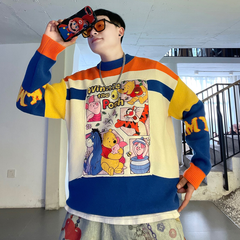 Fun Cartoon Winnie the Pooh Print Pullover Sweater for Men and Women, Autumn and Winter Niche Lazy Style Loose Retro Knitwear