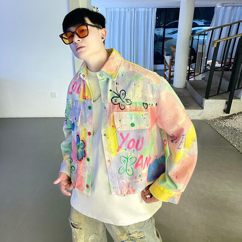 Spring and Autumn New Style Hand-Painted Graffiti Denim Jacket for Men and Women, Short, High-End, Niche, Loose, Versatile Couple's Jacket, Trendy