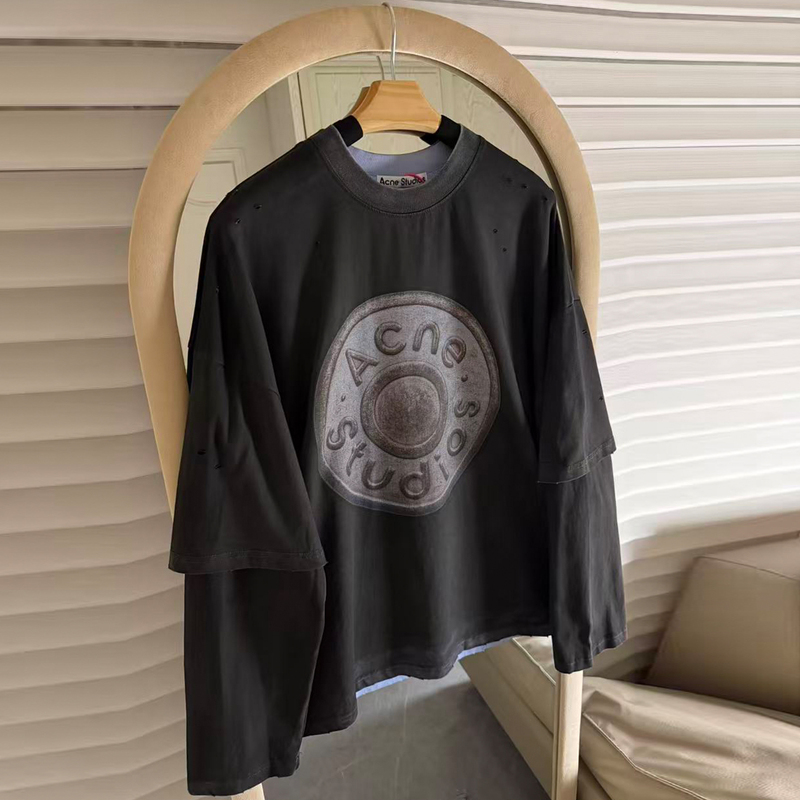 Ac Trendy Brand Button Digital Print Washed Distressed Ripped Long-Sleeve T-Shirt for Men and Women, American High Street Fake Two-Piece Top Ac Trendy Brand Button Digital Print Washed Distressed Ripped Long-Sleeve T-Shirt for Men and Women, American High Street Fake Two-Piece Top