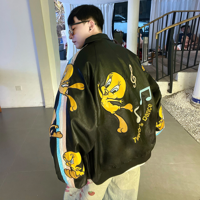 Cartoon Cui Di Heavy Embroidery Jacket Unisex American Retro Loose Couple Baseball Jacket Color-Block Leather Jacket Trendy Cartoon Cui Di Heavy Embroidery Jacket Unisex American Retro Loose Couple Baseball Jacket Color-Block Leather Jacket Trendy