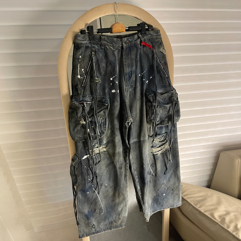 Paris-Style Heavy-Duty Graffiti Multi-Pocket Workwear Jeans for Men and Women, American-Style Loose Fit, Distressed Dirty Wide-Leg Pants
