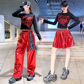 Sparkling Girl Group Dance Performance Outfit, Jazz Dance Fashion Sequin Top, Reflective Wide-Leg Pants, Hip-Hop Performance Set