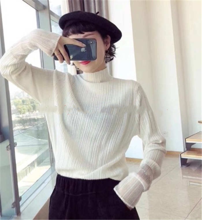 Thời trang ga châu Âu áo len mỏng tay dài nữ 2018 thu đông mới chạm đáy áo sơ mi ren tay áo châu Âu hàng triều áo khoác len