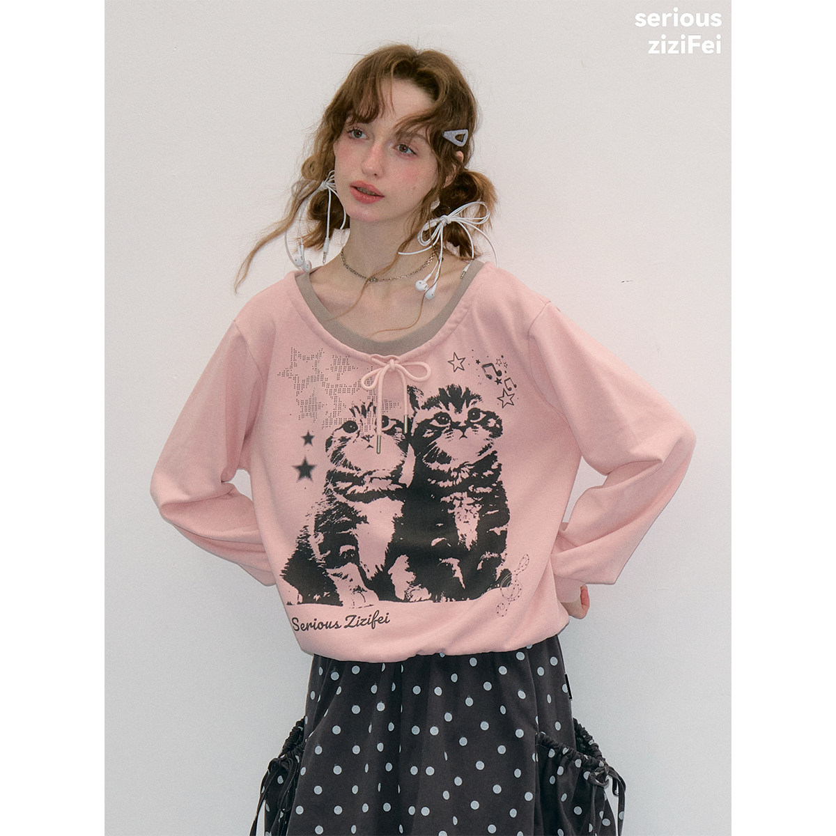 ziziFei's "Musical Starlight" Autumn/Winter Retro Pink Cat Print Crew Neck Tie-Waist Slimming Sweatshirt for Women