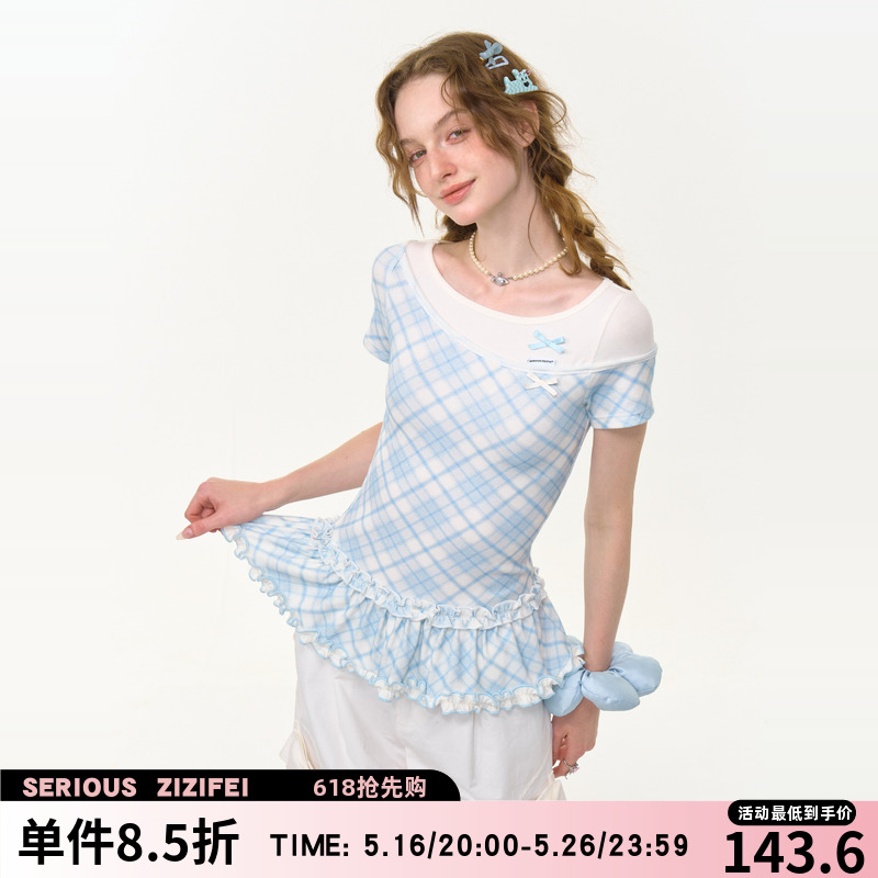 ziziFei 夏 アメリカンスタイル デザイン レース裾 フェイクツーピース リボン ブルー&amp;ホワイト チェック柄 ラウンドネック 半袖 Tシャツ レディース