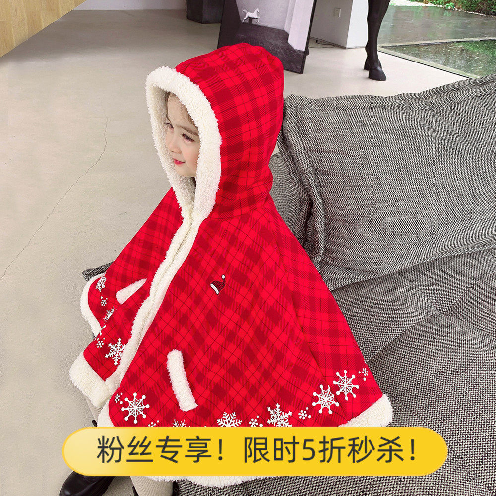 12.10 Live Benefits! Girls' cape autumn and winter wear plus fleece thicker foreign hooded Christmas cape coat