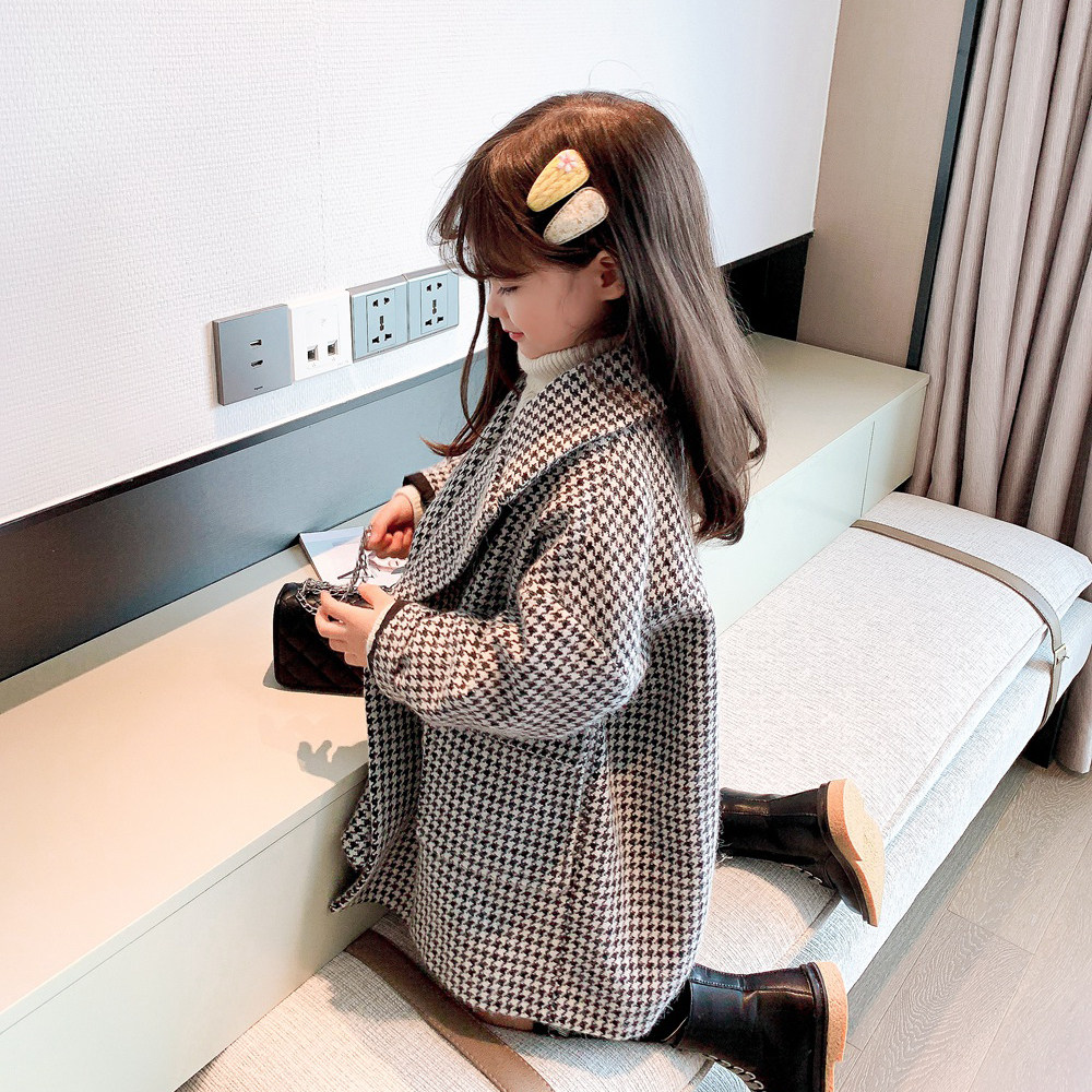 Girls' coat spring and autumn Korean version of the children's Western style thickened autumn and winter plaid mid-length baby woolen coat