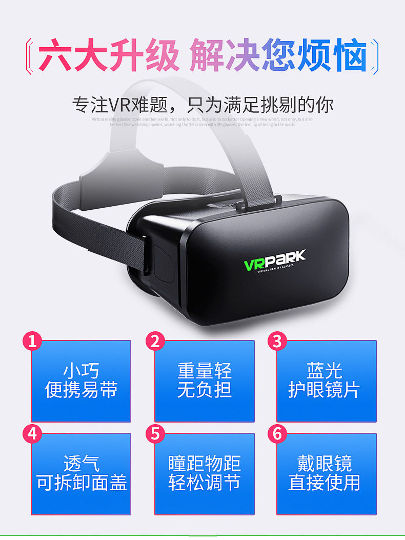 Умные очки 智能vr头盔可戴近视眼镜高清巨幕看3d电影玩游戏手柄遥控防蓝光v6 Vrpark