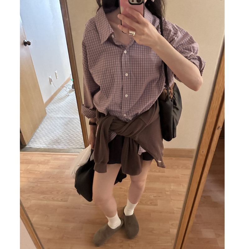 Pig Ouni Korean Dongdaemun Autumn Vintage Lapel Pink Plaid Loose Lazy Style Long Sleeve Shirt Top