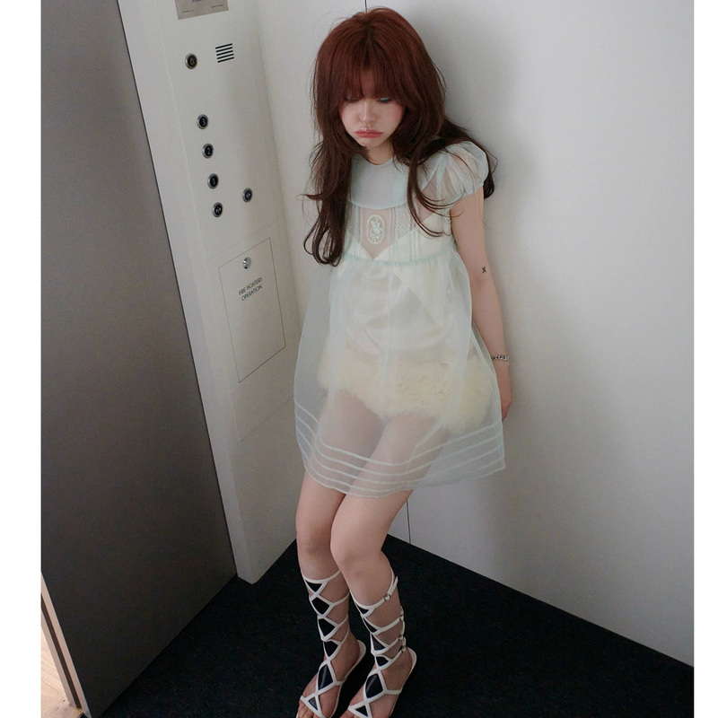 Pig Ouni Korea ins Summer Niche Doll Collar Embroidered Organza Sheer Short Sleeve Puff Dress for Women
