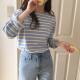 Korean ins2026 spring sweet age-reducing contrast cream striped loose round neck long-sleeved T-shirt bottoming shirt for women