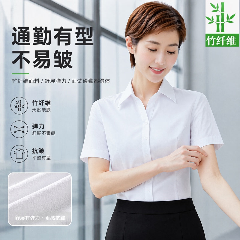 Spring and Summer Stretchy Shirts for Women, Professional Workwear, White Work Shirts, Short-Sleeved Shirts, Bamboo Fiber, Hidden Buttons, Anti-Exposure, Commuting