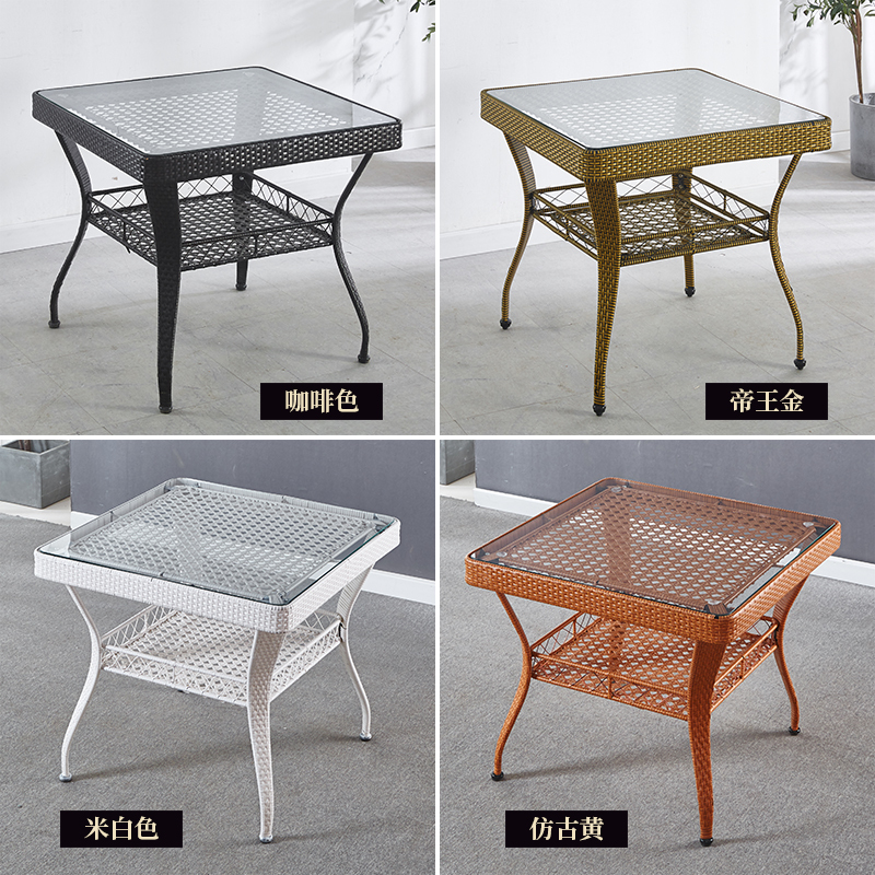 Simple Balcony Square Coffee Table, Small Table, Mini Storage Rattan Coffee Table, Tempered Glass Small Side Table, Handmade Rattan Weaving Square Table