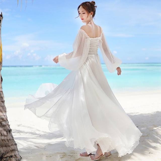 Maldives vacation dress seaside super fairy beach dress 2024 new long skirt chiffon one-shoulder white dress